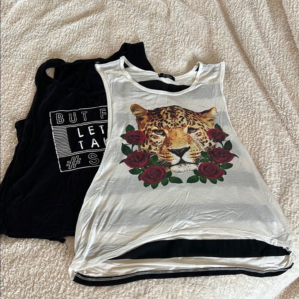 Graphic Tank Tops - Leopard and Text Design